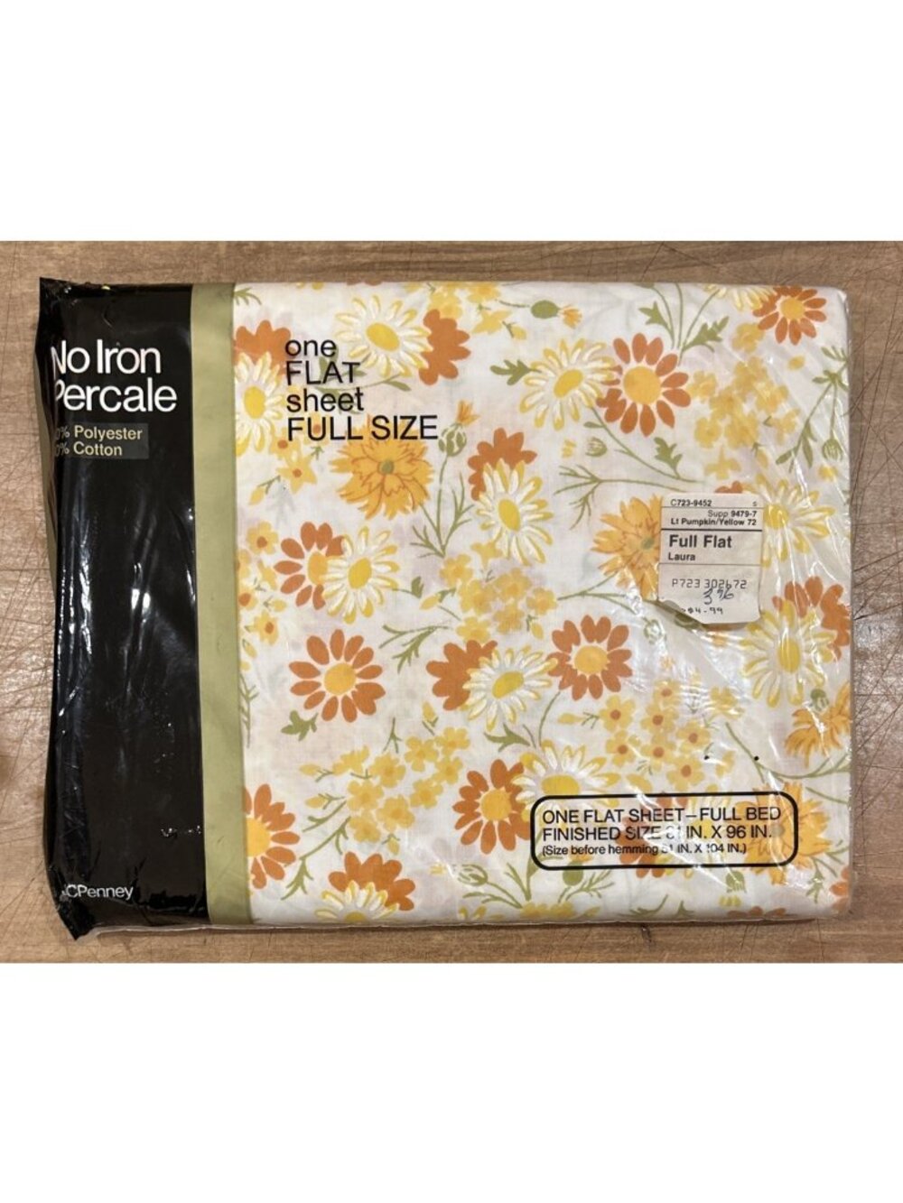 JC Penney No-Iron Percale LAURA Daisy Full Flat Sheet Yellow Orange Floral NOS